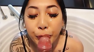 Sloppy dick sucking Asian loves big dick