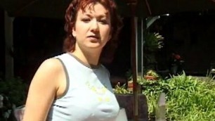 Redhead MILF with small tits rides a hard cock by the pool