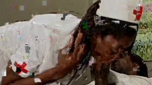 Horny black nurse rides black stud on his hospital bed