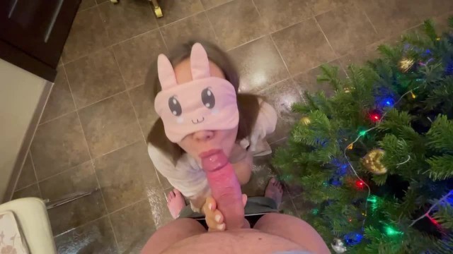 Sweet Homemade Blowjob near new Year Tree and Slowmotion Cumming